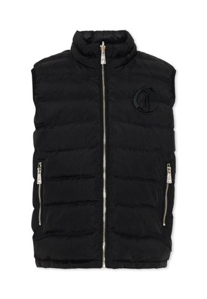 Gilet nero trapuntato senza maniche con collo alto, cerniera frontale argentata, tasche laterali con zip e logo nero ricamato sul petto.