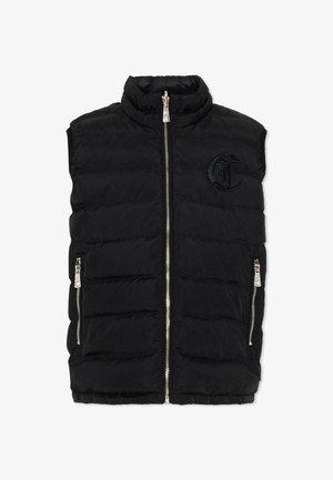 Veste noire matelassée sans manches avec col montant, fermeture éclair argentée à l'avant, poches latérales zippées et logo noir brodé sur la poitrine.