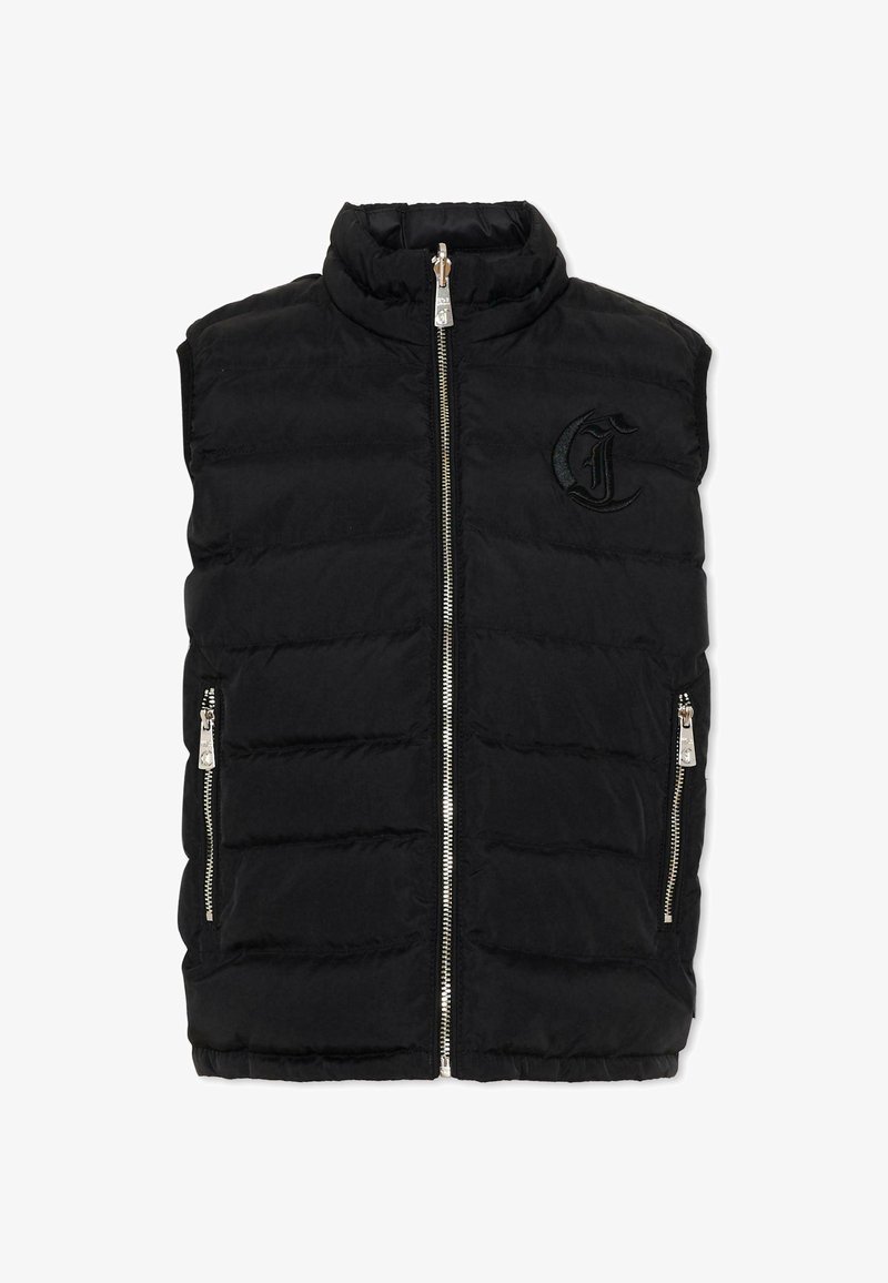 Veste noire matelassée sans manches avec col montant, fermeture éclair argentée à l'avant, poches latérales zippées et logo noir brodé sur la poitrine.