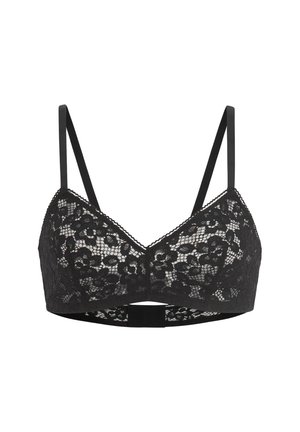 Bralette in pizzo nero con motivo floreale, spalline sottili regolabili e chiusura a gancio e occhiello sul retro.