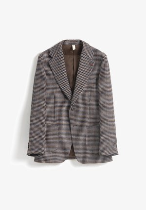 Blazer a cuadros marrón y azul marino con solapas de pico, dos bolsillos delanteros y forro interior marrón. Cuenta con cierre de botones y tela texturizada.