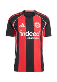 Maillot de football à rayures rouges et noires avec le logo de sponsor blanc "indeed Jobs finden," le logo Adidas et un écusson de club circulaire sur la poitrine.
