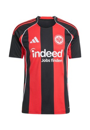 Rood en zwart gestreept voetbalshirt met witte sponsorlogo "indeed Jobs vinden," Adidas-logo en een ronde clubcrest op de borst.