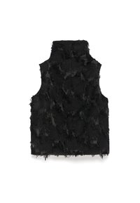 Gilet nero senza maniche in tessuto testurizzato con dettagli sfrangiati, colletto alto e chiusura con zip sul retro.