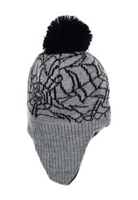 Knit beanie in gray and black with spiderweb pattern, featuring a rounded top and a fluffy black pom-pom. Soft texture, ear coverage design.