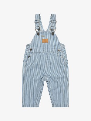 Blau-weiße vertikal gestreifte Latzhose für Kleinkinder mit verstellbaren Schultergurten und Fronttaschen.