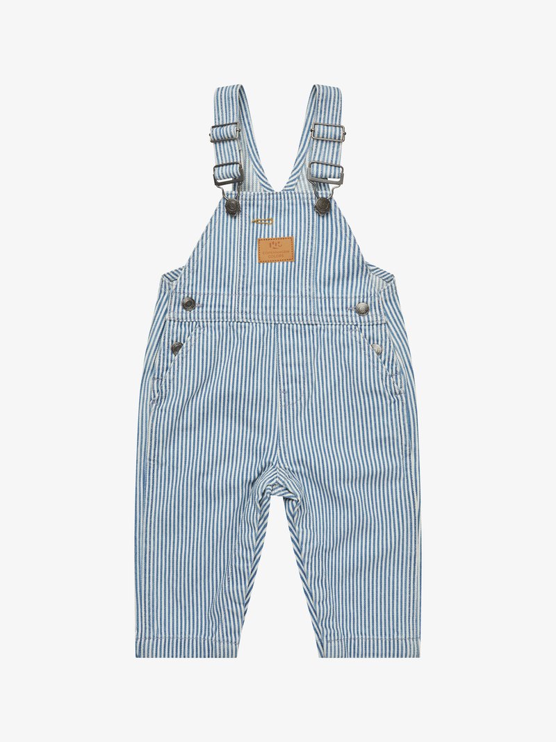 Ολόσωμη φόρμα για νήπια με κάθετες μπλε και λευκές ρίγες, ρυθμιζόμενους ιμάντες στους ώμους και τσέπες μπροστά.