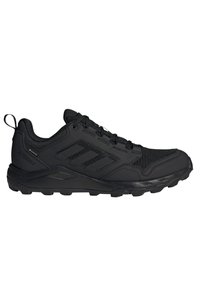 Czarne buty outdoorowe z siateczkową cholewką, gumową podeszwą i taktycznym designem. Posiadają wyraźny bieżnik i wzmocniony czubek dla zwiększenia trwałości.
