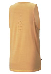 Débardeur de sport orange avec une texture lisse, présentant un détail perforé au dos et un ourlet jaune contrastant.