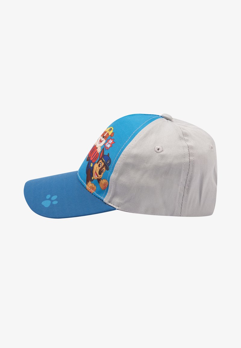 Blue and gray cap featuring cartoon dog characters on the front, with a paw print on the brim and stitching details. Cotton material.
