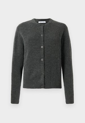 Cardigã abotoado cinza escuro com mangas longas e decote redondo, feito de um suave tecido de malha texturizada.