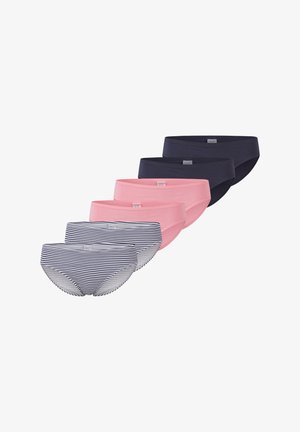 Fem feminat trusser i navy, lys rosa og stribede designs. De har en sømløs elastisk talje og blødt bomuldsstof.