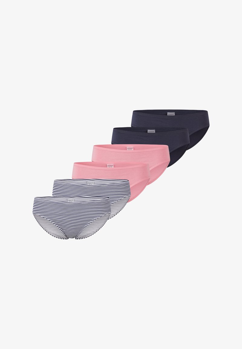 Fünf Paare Damenunterwäsche in Navy, hellrosa und gestreiften Designs. Sie verfügen über einen nahtlosen elastischen Bund und ein weiches Baumwollmaterial.