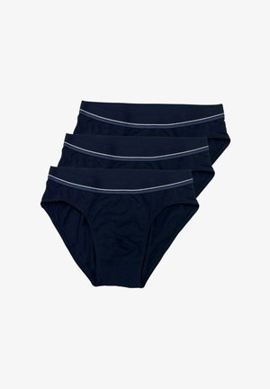 Tre paia di slip blu navy in tessuto morbido, con una fascia in vita liscia e una sottile striscia grigio chiaro come dettaglio.
