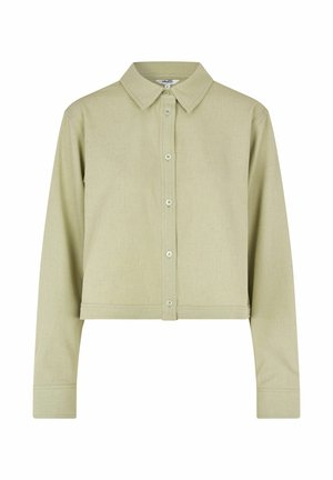 Cămașă scurtă de culoare verde deschis, dintr-un material texturat, având un guler ascuțit și un închidere cu nasturi asortati. Include mâneci lungi.
