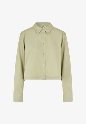 Hellgrünes, kurzes Oberteil aus strukturiertem Stoff, mit spitzem Kragen und einer Knopfleiste mit passenden Knöpfen. Lange Ärmel sind enthalten.