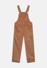 Rudos spalvos kordurovinės puskombinezonės su reguliuojamomis petnešėlėmis, krūtinės kišene ir šoninėmis kišenėmis, suvertais vertikaliais briaunuotais raštais ir tiesaus kirpimo kojomis.