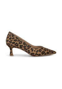 Décolleté con stampa leopardata e punta affilata, realizzato in tessuto testurizzato, con un piccolo tacco a ventaglio e una fodera interna color marrone chiaro.