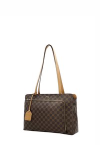 Bruine tote bag met een patroon en tan leren accenten, rechthoekige vorm, dubbele schouderbanden en een voorvak met ritssluiting.