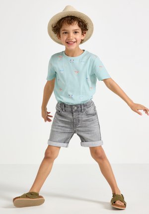 Lichtblauw T-shirt met patroonprints, grijze denim shorts met opgerolde manchetten en groene instappers. Kind poseert speels.