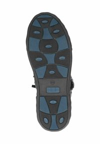 Suela de zapato negra con un diseño texturizado y almohadillas de tracción azules, con la etiqueta "BLUE GRIP". La suela tiene una forma curva y una construcción robusta.