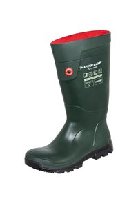Green rubber waterproof boot with a textured surface, red interior, and black treaded sole. Features branding and safety icons on the side.