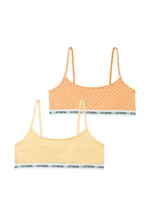 Deux crop tops pour filles avec bretelles fines, un uni jaune pâle et un orange à pois blancs, tous deux avec le logo "ATHENA" sur la bande inférieure.