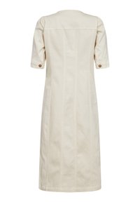 Robe midi couleur crème à manches courtes, avec coutures verticales visibles et poignets boutonnés, vue de dos.