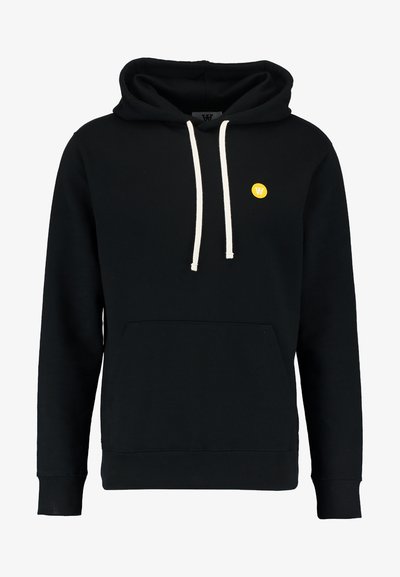 Sweat à capuche noir avec cordons blancs, poche avant et petit logo jaune. Matière en mélange de coton, coupe décontractée, poignets et ourlet côtelés.