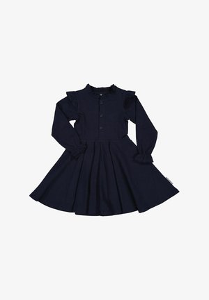 Marineblå kjole lavet af blød bomuld, med lange ærmer, flæse-dekorerede skuldre, knapper foran og en slå-ud nederdelssilhuet.