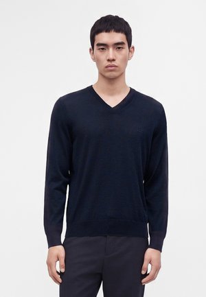 Ung mand iført en sort V-hals langærmet sweater og sorte bukser, stående mod en ensfarvet hvid baggrund.
