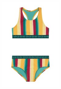 Pasującą stanik bikini w kolorze żółtym, czerwonym i zielonym z plecakiem. Posiada pasek z napisem "CORAL COAST". Gładki, elastyczny materiał.