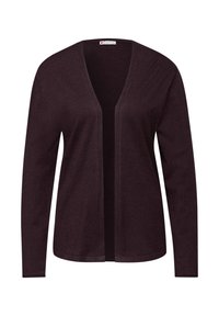 Ciemnofioletowy kardigan z dekoltem w serek, otwarty przód, długie rękawy i miękka dzianina. Bez zapięć. Prosty, czysty design.