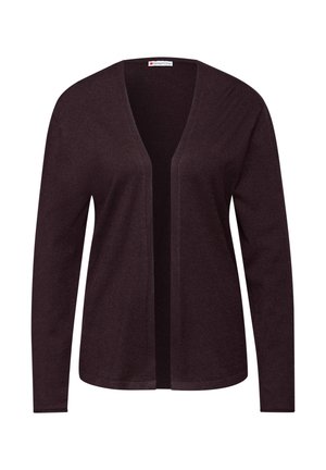 Ciemnofioletowy kardigan z dekoltem w serek, otwarty przód, długie rękawy i miękka dzianina. Bez zapięć. Prosty, czysty design.