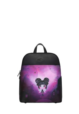 Black and purple backpack with a fairy illustration, featuring black hair in buns and a glowing pink-purple background with house silhouettes.