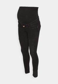 Jeans de maternitate negre, cu un brâu elastic peste burtă, croi strâmt și ușor deteriorat în față. Design clasic cu cinci buzunare.
