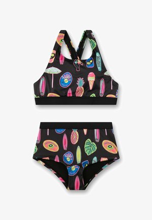 Schwarzer zweiteiliger Badeanzug mit hoch tailliertem Unterteil und Sport-BH, verziert mit bunten Eis-, Ananas-, Surfbrett- und tropischen Motiven.