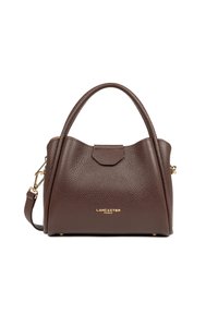 Borsa a mano in pelle marrone con forma strutturata, doppio manico e tracolla rimovibile. Presenta il marchio dorato "Lancaster Paris".