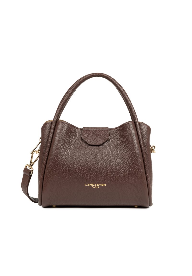 Borsa a mano in pelle marrone con forma strutturata, doppio manico e tracolla rimovibile. Presenta il marchio dorato "Lancaster Paris".
