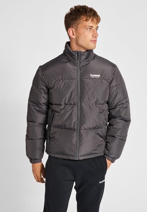 Graue gepolsterte Jacke mit hohem Kragen, ausgestattet mit einem Frontreißverschluss und elastischen Bündchen. Logo auf der linken Brust; einfarbige Stoffstruktur.