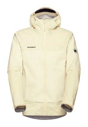Beige waterdichte jas met capuchon, volledige ritssluiting aan de voorkant, verstelbare manchetten, "Mammut"-logo op de borst en mammoetembleem op de linkermouw.