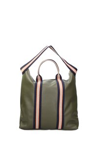 Borsa in pelle verde oliva con manici doppi, caratterizzata da accenti in nylon rigato blu navy e arancione sui lati e sulla parte superiore. Forma semplice e rettangolare.