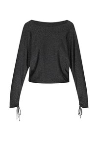 Maglietta nera a maniche lunghe, tagliata, con una texture scintillante. Presenta un ampio scollo e lacci ai polsini per una vestibilità regolabile.