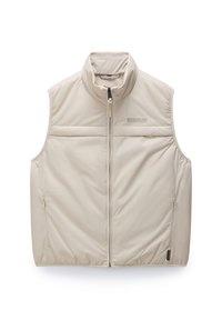Gilet sans manches beige avec un col montant, fermeture éclair devant et deux poches latérales. Texture lisse avec un logo discret au-dessus de la poche gauche.