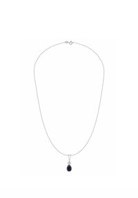 Sidabrinė grandinėlės vėrinys su kriaušės formos tamsiu brangakmeniu pakabuku, papuoštu mažais skaidriais akmenimis pakabuko dalyje, pasižymintis lygia tekstūra.