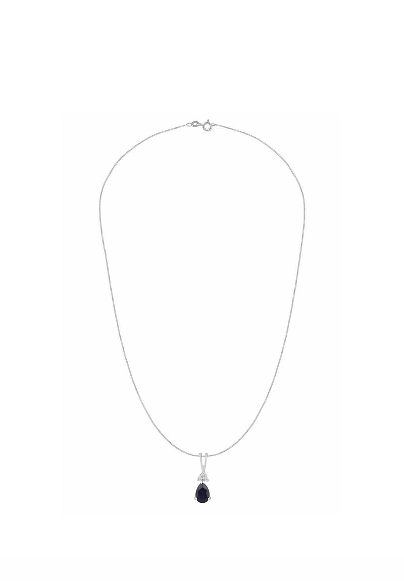 Sidabrinė grandinėlės vėrinys su kriaušės formos tamsiu brangakmeniu pakabuku, papuoštu mažais skaidriais akmenimis pakabuko dalyje, pasižymintis lygia tekstūra.