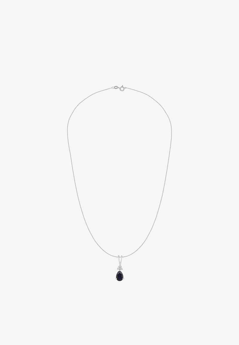 Sidabrinė grandinėlės vėrinys su kriaušės formos tamsiu brangakmeniu pakabuku, papuoštu mažais skaidriais akmenimis pakabuko dalyje, pasižymintis lygia tekstūra.