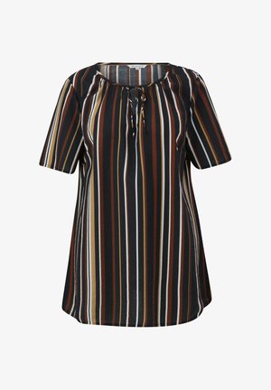 Korte mouwen blouse in een losse pasvorm. Heeft horizontale strepen in zwart, bruin, wit en goud met een strikdetail bij de hals.