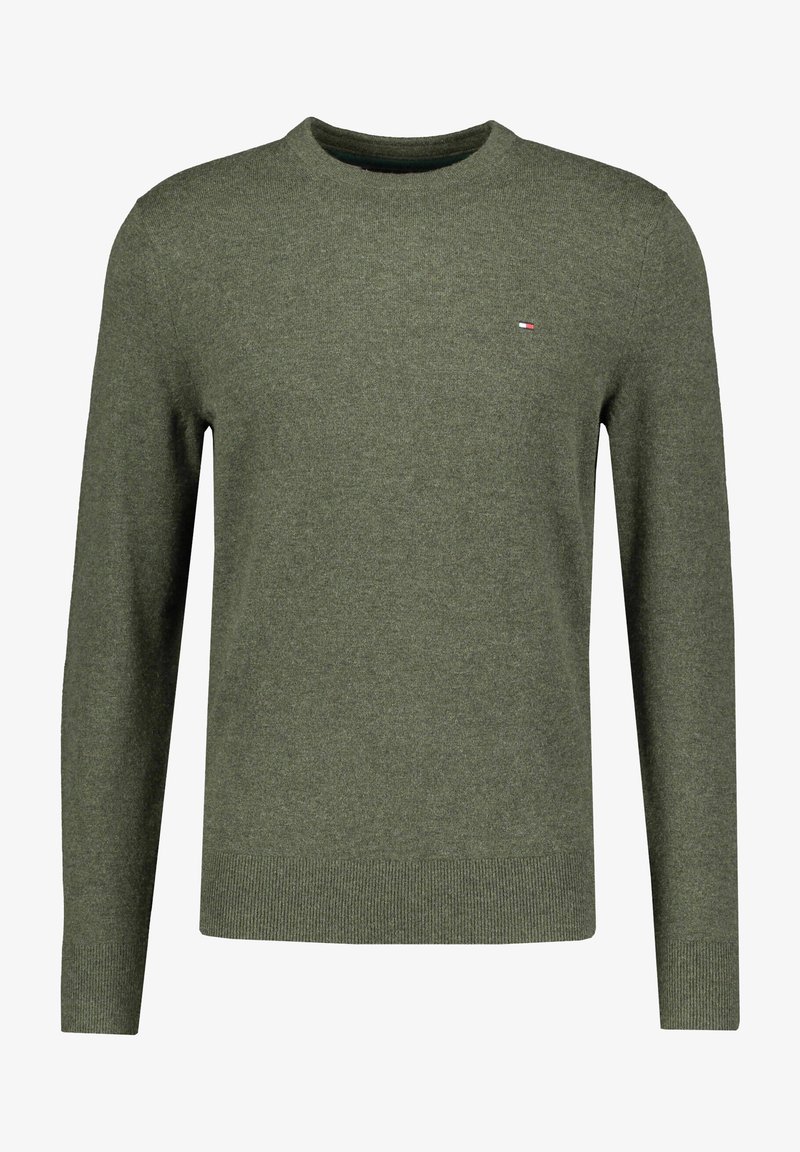 Pull ras du cou en maille vert olive pour homme, manches longues, avec petit logo rectangulaire sur le côté gauche de la poitrine.