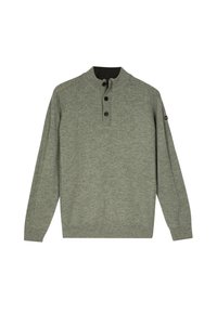 Trui in gedempt groene gebreide stof. Kenmerkt zich door een henley-kragen met drie zwarte knopen, geribbelde manchetten en zijdetails.